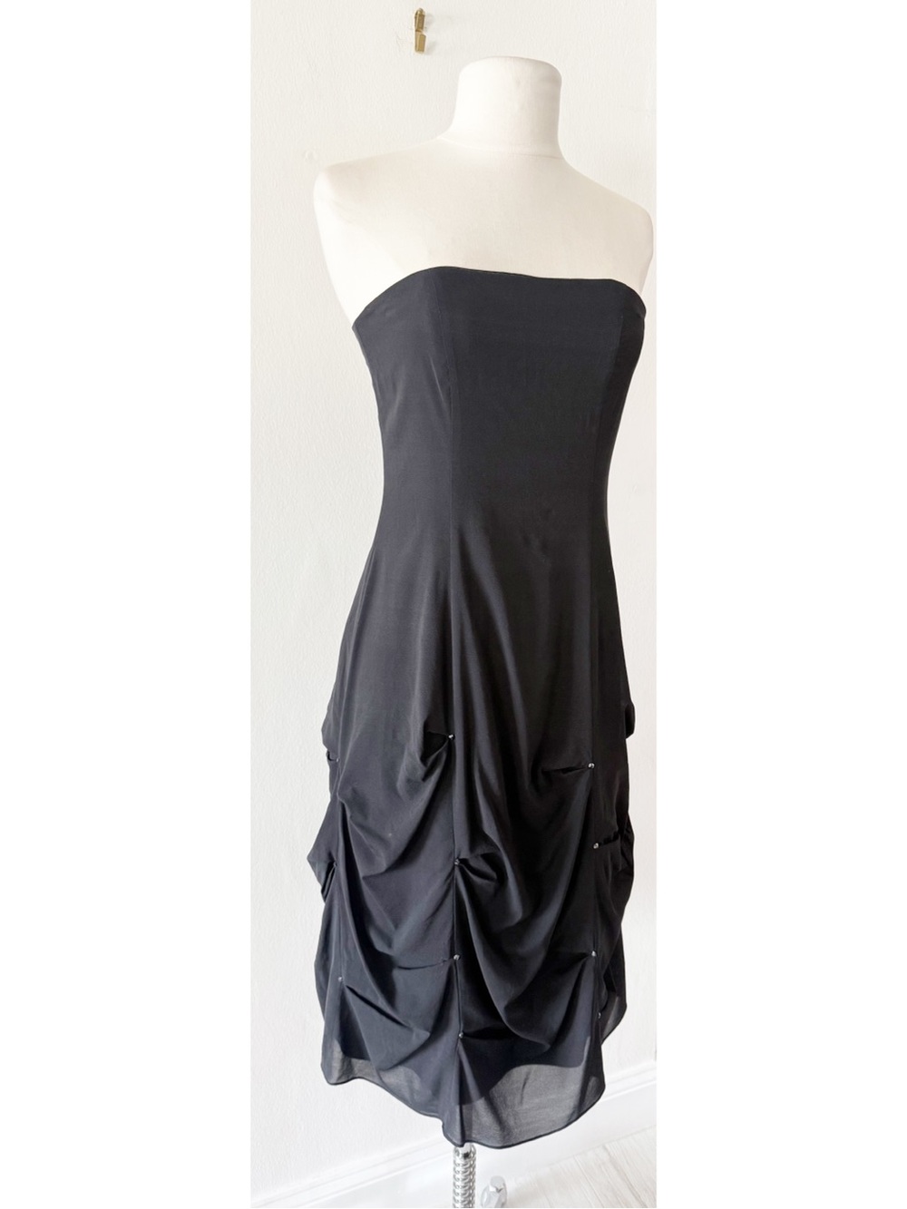 Vintage Carol Peretz Silk Black Strapless Draped Sculptural Evening Dress Size 6